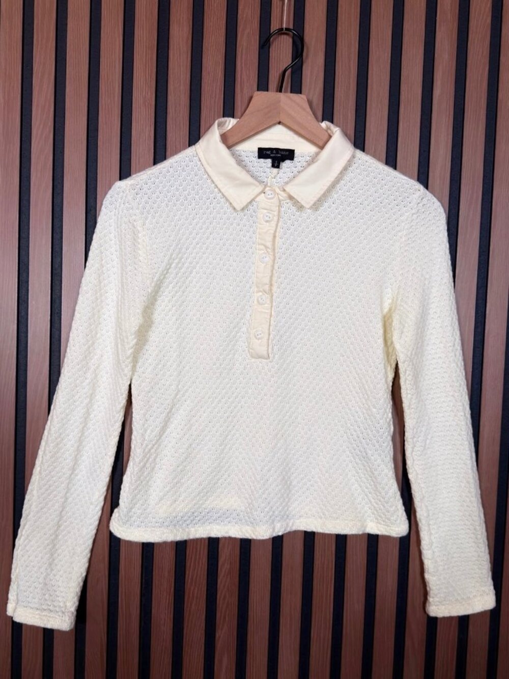 Rag & Bone Polo Shirt Small White Ivory Open Knit Textured Long Sleeve